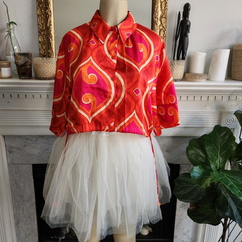 Zara Pink Cropped Satin Shirt Size Small Orange Beige Psychedelic Hippie - Picture 5 of 15